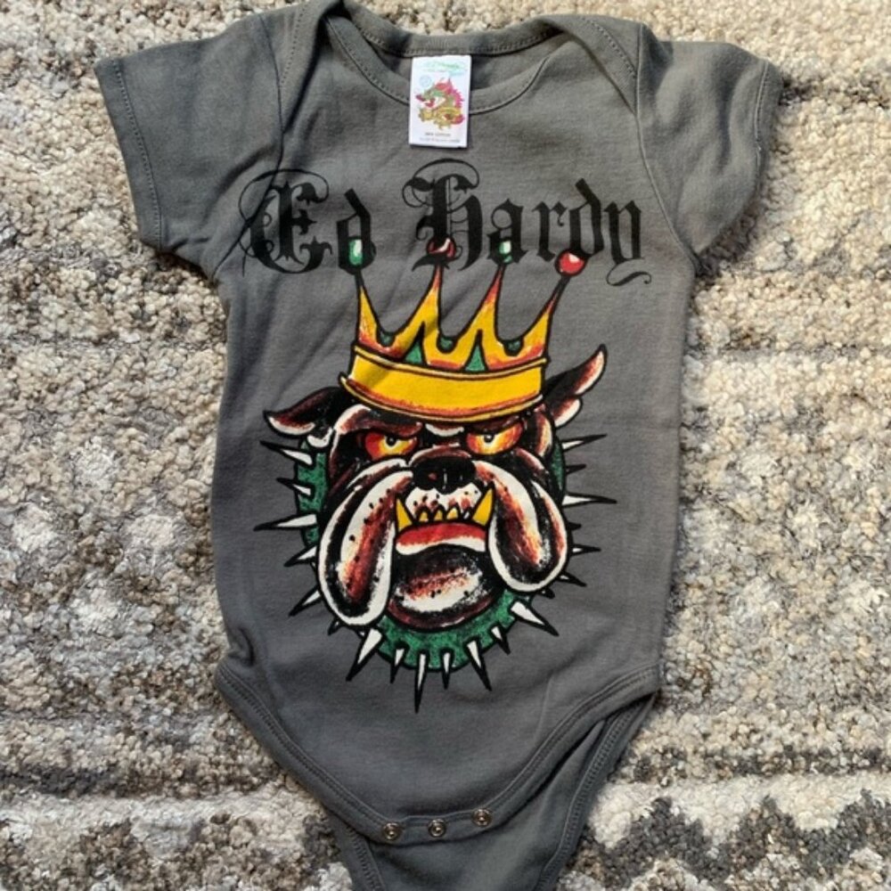 Baby Ed Hardy Gray Bulldog Onesie 6/9m